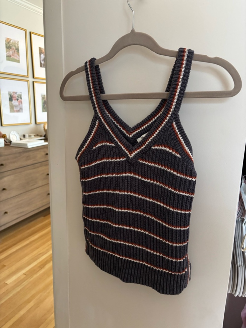 Madewell Black Striped V-Neck Knit Tank with Orange and White Trim
